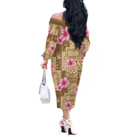 Beige Hawaii Hibiscus With Tropical Flowers Motifs Off The Shoulder Long Sleeve Dress - Polynesian Pride
