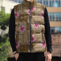 Beige Hawaii Hibiscus With Tropical Flowers Motifs Sleeveless Puffer Jacket - Polynesian Pride