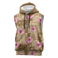 Beige Hawaii Hibiscus With Tropical Flowers Motifs Sleeveless Zip Hoodie - Polynesian Pride