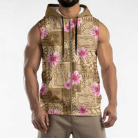 Beige Hawaii Hibiscus With Tropical Flowers Motifs Sleeveless Zip Hoodie LT14