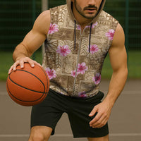 Beige Hawaii Hibiscus With Tropical Flowers Motifs Sleeveless Zip Hoodie LT14