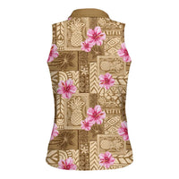 Beige Hawaii Hibiscus With Tropical Flowers Motifs Women Sleeveless Polo Shirt LT14 - Polynesian Pride