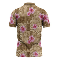 Beige Hawaii Hibiscus With Tropical Flowers Motifs Zipper Polo Shirt - Polynesian Pride