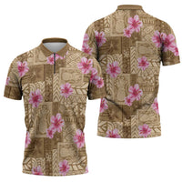 Beige Hawaii Hibiscus With Tropical Flowers Motifs Zipper Polo Shirt - Polynesian Pride