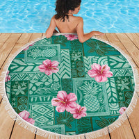 Cyan Hawaii Hibiscus With Tropical Flowers Motifs Beach Blanket - Polynesian Pride