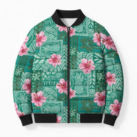 Cyan Hawaii Hibiscus With Tropical Flowers Motifs Bomber Puffer Jacket - Polynesian Pride