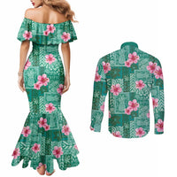 Cyan Hawaii Hibiscus With Tropical Flowers Motifs Couples Matching Mermaid Dress and Long Sleeve Button Shirt - Polynesian Pride