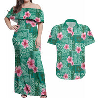 Cyan Hawaii Hibiscus With Tropical Flowers Motifs Couples Matching Off Shoulder Maxi Dress and Hawaiian Shirt - Polynesian Pride