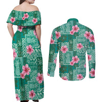 Cyan Hawaii Hibiscus With Tropical Flowers Motifs Couples Matching Off Shoulder Maxi Dress and Long Sleeve Button Shirt - Polynesian Pride