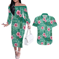 Cyan Hawaii Hibiscus With Tropical Flowers Motifs Couples Matching Off The Shoulder Long Sleeve Dress and Hawaiian Shirt - Polynesian Pride