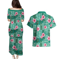 Cyan Hawaii Hibiscus With Tropical Flowers Motifs Couples Matching Puletasi and Hawaiian Shirt - Polynesian Pride