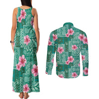 Cyan Hawaii Hibiscus With Tropical Flowers Motifs Couples Matching Tank Maxi Dress and Long Sleeve Button Shirt - Polynesian Pride