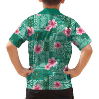 Cyan Hawaii Hibiscus With Tropical Flowers Motifs Family Matching Long Sleeve Bodycon Dress and Hawaiian Shirt - Polynesian Pride
