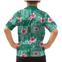 Cyan Hawaii Hibiscus With Tropical Flowers Motifs Family Matching Mermaid Dress and Hawaiian Shirt - Polynesian Pride
