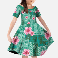 Cyan Hawaii Hibiscus With Tropical Flowers Motifs Family Matching Off The Shoulder Long Sleeve Dress and Hawaiian Shirt - Polynesian Pride