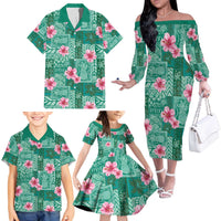 Cyan Hawaii Hibiscus With Tropical Flowers Motifs Family Matching Off The Shoulder Long Sleeve Dress and Hawaiian Shirt - Polynesian Pride