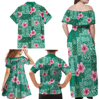 Cyan Hawaii Hibiscus With Tropical Flowers Motifs Family Matching Off Shoulder Maxi Dress and Hawaiian Shirt - Polynesian Pride