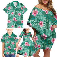 Cyan Hawaii Hibiscus With Tropical Flowers Motifs Family Matching Off Shoulder Short Dress and Hawaiian Shirt - Polynesian Pride