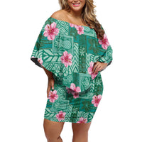 Cyan Hawaii Hibiscus With Tropical Flowers Motifs Family Matching Off Shoulder Short Dress and Hawaiian Shirt - Polynesian Pride
