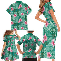 Cyan Hawaii Hibiscus With Tropical Flowers Motifs Family Matching Short Sleeve Bodycon Dress and Hawaiian Shirt - Polynesian Pride