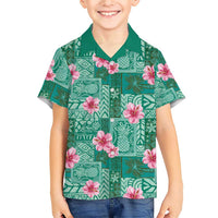 Cyan Hawaii Hibiscus With Tropical Flowers Motifs Family Matching Short Sleeve Bodycon Dress and Hawaiian Shirt - Polynesian Pride
