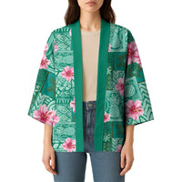 Cyan Hawaii Hibiscus With Tropical Flowers Motifs Kimono - Polynesian Pride