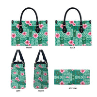 Cyan Hawaii Hibiscus With Tropical Flowers Motifs Leather Bag - Polynesian Pride