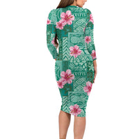 Cyan Hawaii Hibiscus With Tropical Flowers Motifs Long Sleeve Bodycon Dress LT14 - Polynesian Pride