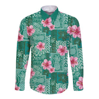 Cyan Hawaii Hibiscus With Tropical Flowers Motifs Long Sleeve Button Shirt - Polynesian Pride