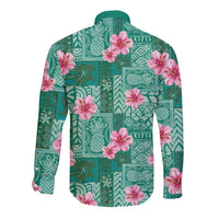 Cyan Hawaii Hibiscus With Tropical Flowers Motifs Long Sleeve Button Shirt - Polynesian Pride