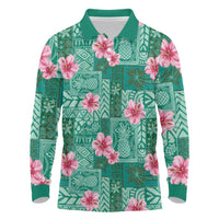 Cyan Hawaii Hibiscus With Tropical Flowers Motifs Long Sleeve Polo Shirt - Polynesian Pride