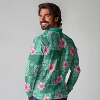 Cyan Hawaii Hibiscus With Tropical Flowers Motifs Long Sleeve Polo Shirt - Polynesian Pride