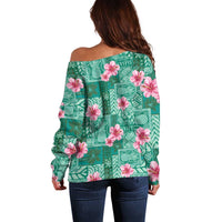 Cyan Hawaii Hibiscus With Tropical Flowers Motifs Off Shoulder Sweater - Polynesian Pride