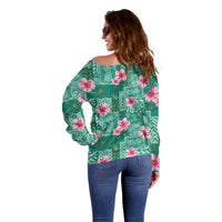 Cyan Hawaii Hibiscus With Tropical Flowers Motifs Off Shoulder Sweater - Polynesian Pride