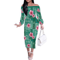 Cyan Hawaii Hibiscus With Tropical Flowers Motifs Off The Shoulder Long Sleeve Dress - Polynesian Pride