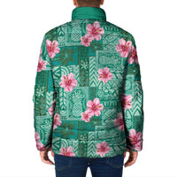 Cyan Hawaii Hibiscus With Tropical Flowers Motifs Padded Jacket - Polynesian Pride