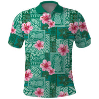 Cyan Hawaii Hibiscus With Tropical Flowers Motifs Polo Shirt - Polynesian Pride