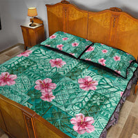 Cyan Hawaii Hibiscus With Tropical Flowers Motifs Quilt Bed Set - Polynesian Pride