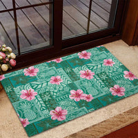 Cyan Hawaii Hibiscus With Tropical Flowers Motifs Rubber Doormat - Polynesian Pride
