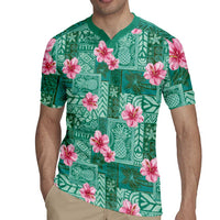 Cyan Hawaii Hibiscus With Tropical Flowers Motifs Rugby Jersey - Polynesian Pride