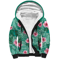 Cyan Hawaii Hibiscus With Tropical Flowers Motifs Sherpa Hoodie LT14 Unisex Cyan - Polynesian Pride
