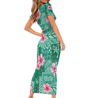 Cyan Hawaii Hibiscus With Tropical Flowers Motifs Short Sleeve Bodycon Dress LT14 - Polynesian Pride