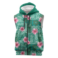 Cyan Hawaii Hibiscus With Tropical Flowers Motifs Sleeveless Zip Hoodie LT14 Cyan - Polynesian Pride