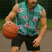 Cyan Hawaii Hibiscus With Tropical Flowers Motifs Sleeveless Zip Hoodie LT14 - Polynesian Pride
