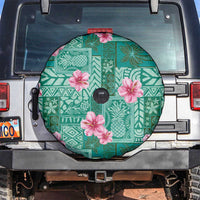 Cyan Hawaii Hibiscus With Tropical Flowers Motifs Spare Tire Cover - Polynesian Pride