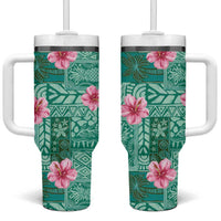 Cyan Hawaii Hibiscus With Tropical Flowers Motifs Tumbler With Handle - Polynesian Pride
