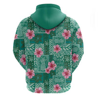 Cyan Hawaii Hibiscus With Tropical Flowers Motifs Zip Hoodie - Polynesian Pride