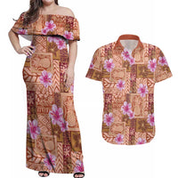 Orange Hawaii Hibiscus With Tropical Flowers Motifs Couples Matching Off Shoulder Maxi Dress and Hawaiian Shirt LT14 Orange - Polynesian Pride