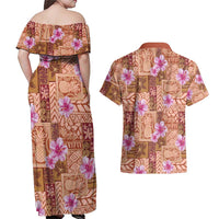 Orange Hawaii Hibiscus With Tropical Flowers Motifs Couples Matching Off Shoulder Maxi Dress and Hawaiian Shirt LT14 - Polynesian Pride