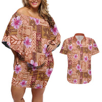 Orange Hawaii Hibiscus With Tropical Flowers Motifs Couples Matching Off Shoulder Short Dress and Hawaiian Shirt LT14 Orange - Polynesian Pride